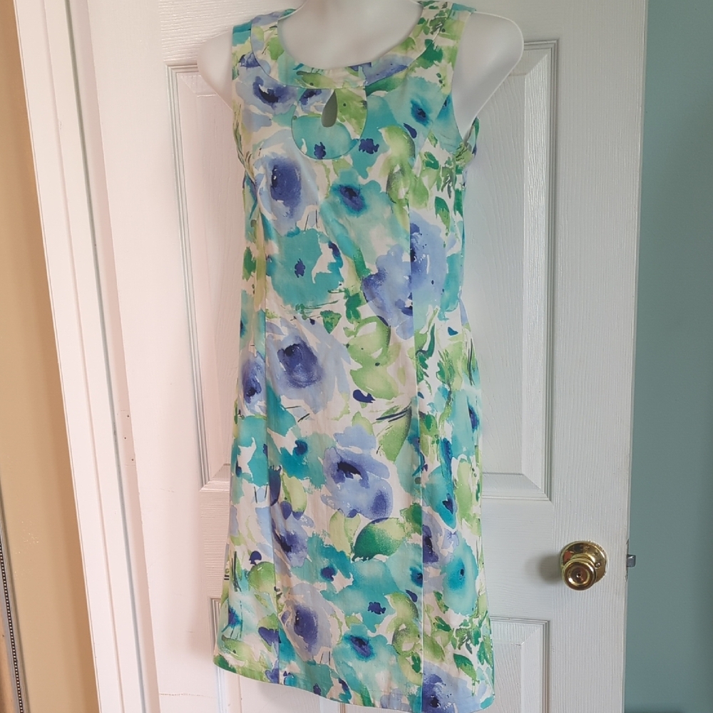 Chaps Blue and Green Sheath Dress Sleeveless Scoop Neck Midi